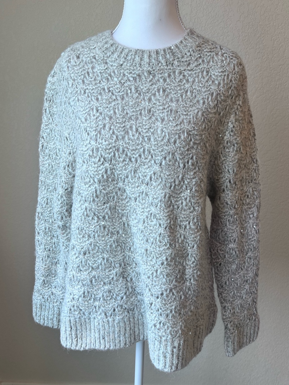 J. Jill Sparkling Sequin Silver Thread Gray Fog Sweater Crewneck Sweater Large